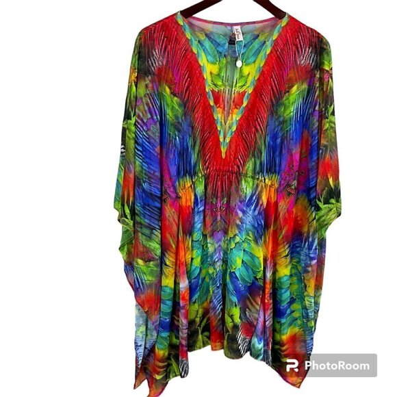 New Luli Fama Munro De Colores Women OS Caftan Cover Up Asymmetric Hem Bohemian - Picture 1 of 12
